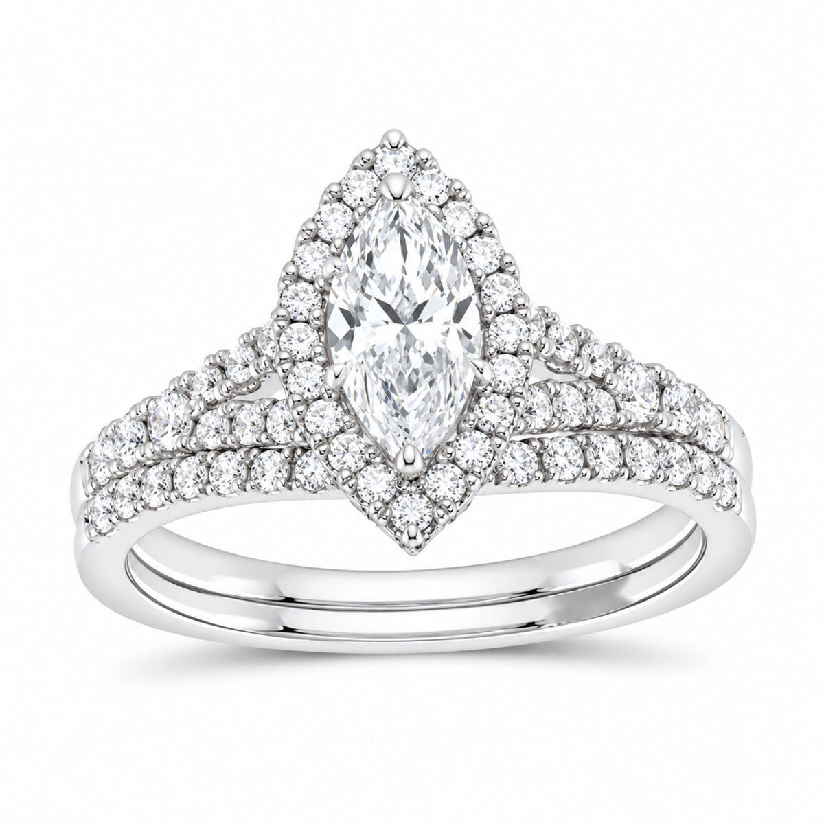 14K White Gold 1 3/8 CTW Lab-Grown Diamond Marquise Halo Bridal Ring Set — SKU 11813