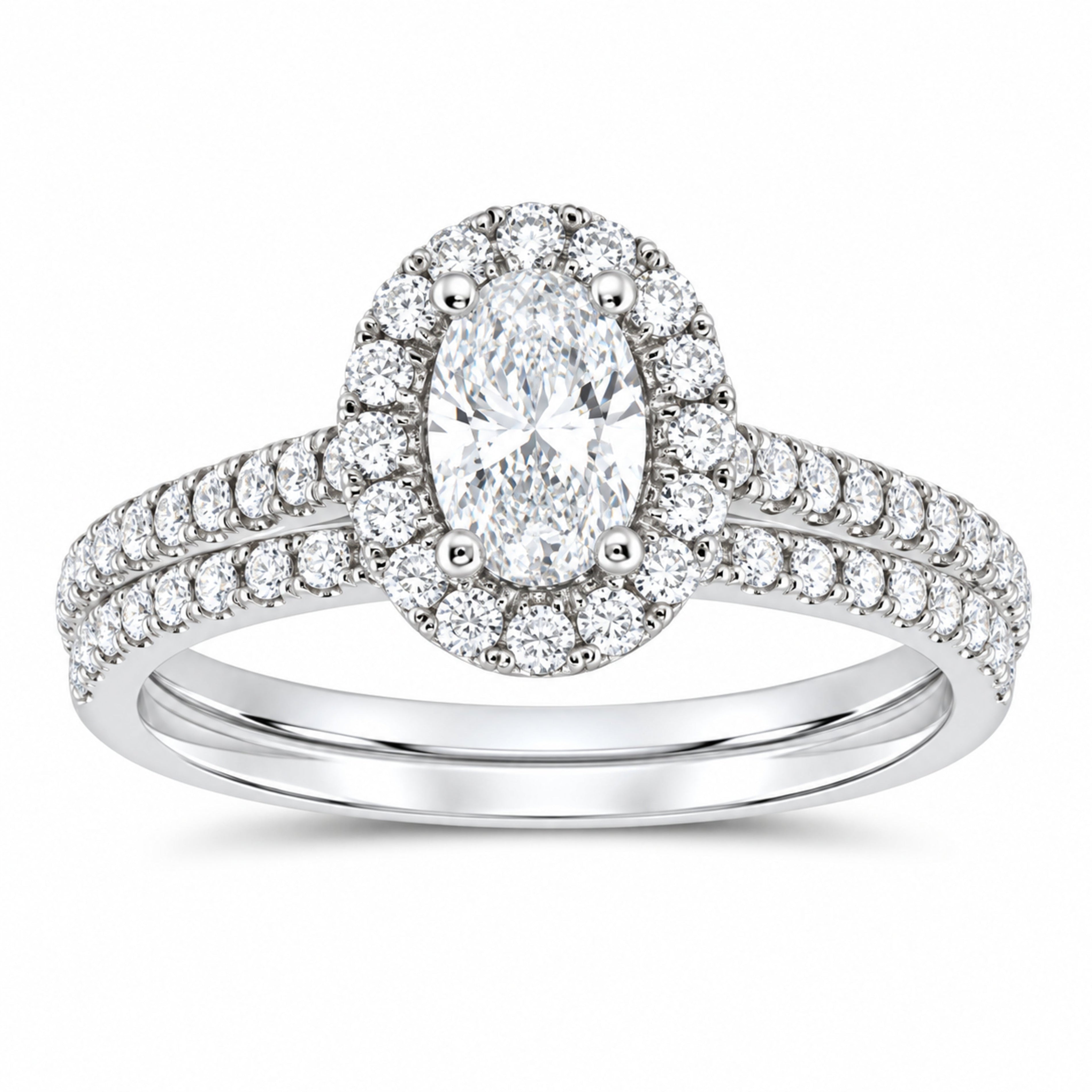 14K White Gold 1 CTW Lab-Grown Diamond Oval Single Halo Bridal Ring Set — SKU 11821