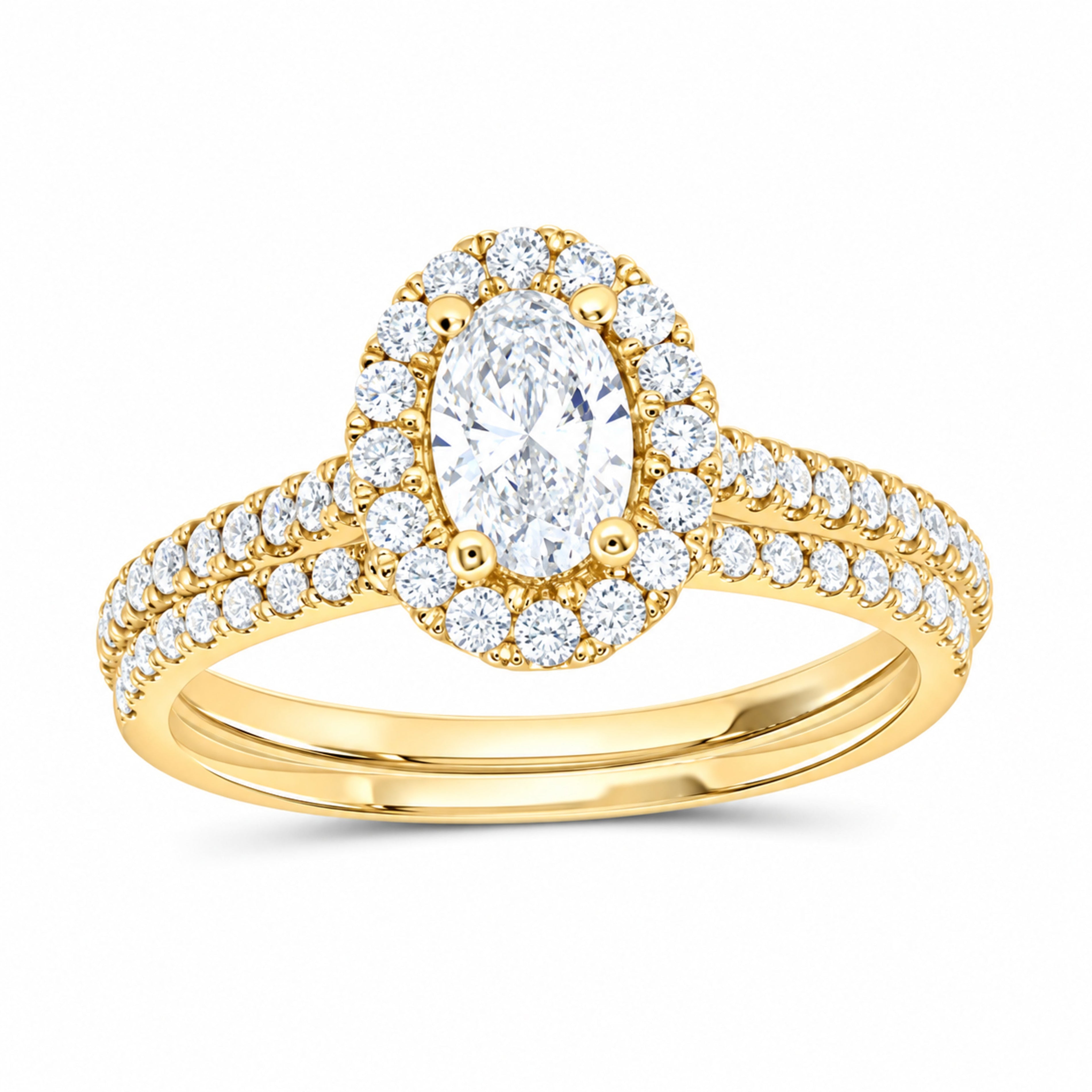 14K Yellow Gold 1 CTW Lab-Grown Diamond Oval Single Halo Bridal Ring Set — SKU 11825
