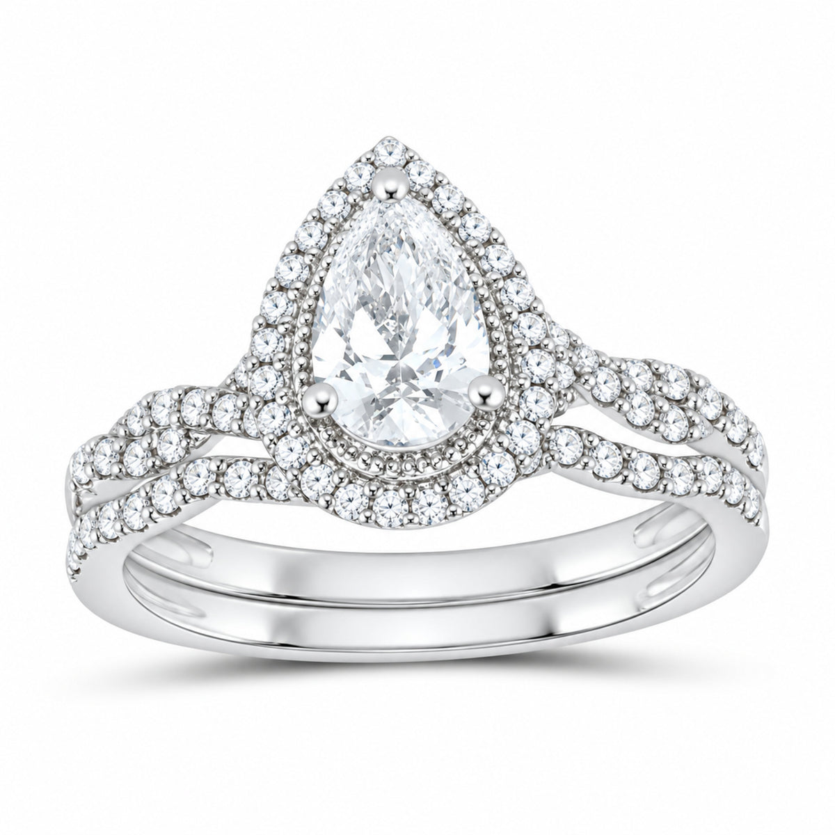 14K White Gold 1 CTW Lab-Grown Diamond Pear Single Halo Bridal Ring Set — SKU 11823