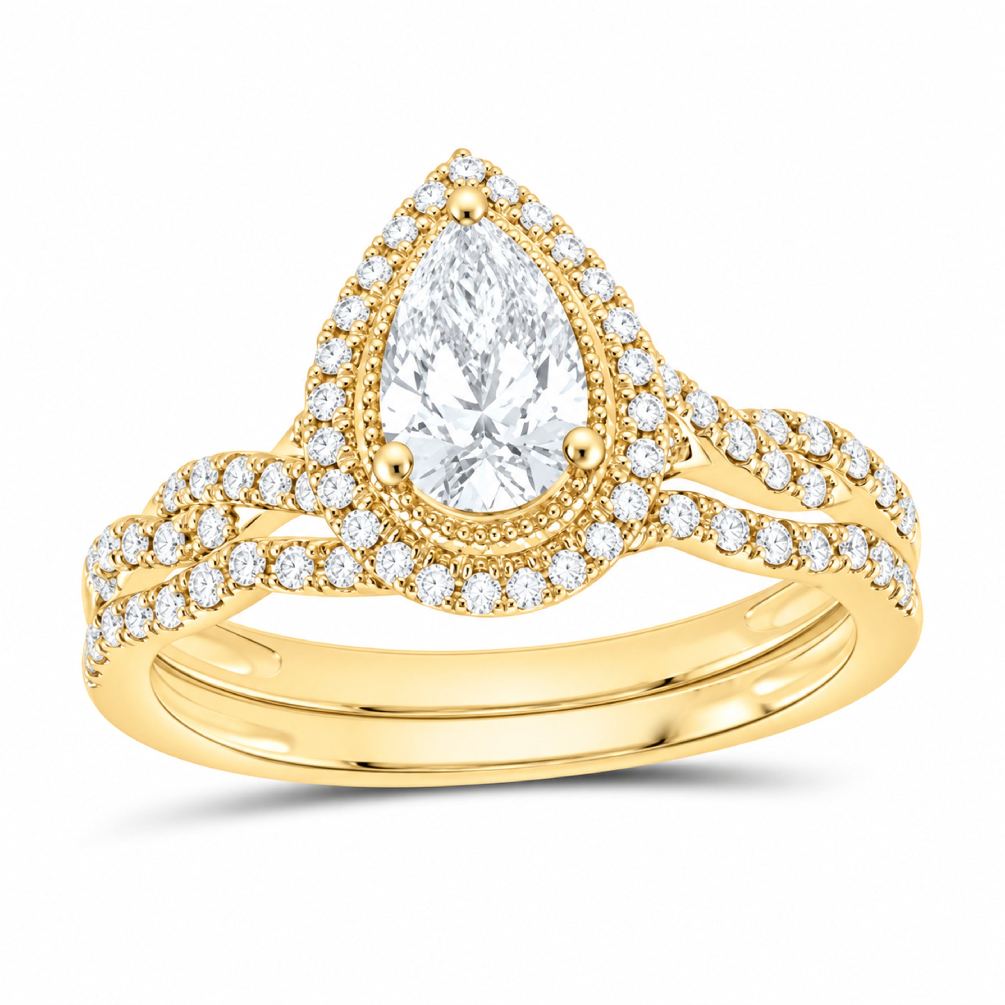 14K Yellow Gold 1 CTW Lab-Grown Diamond Pear Single Halo Bridal Ring Set — SKU 11826