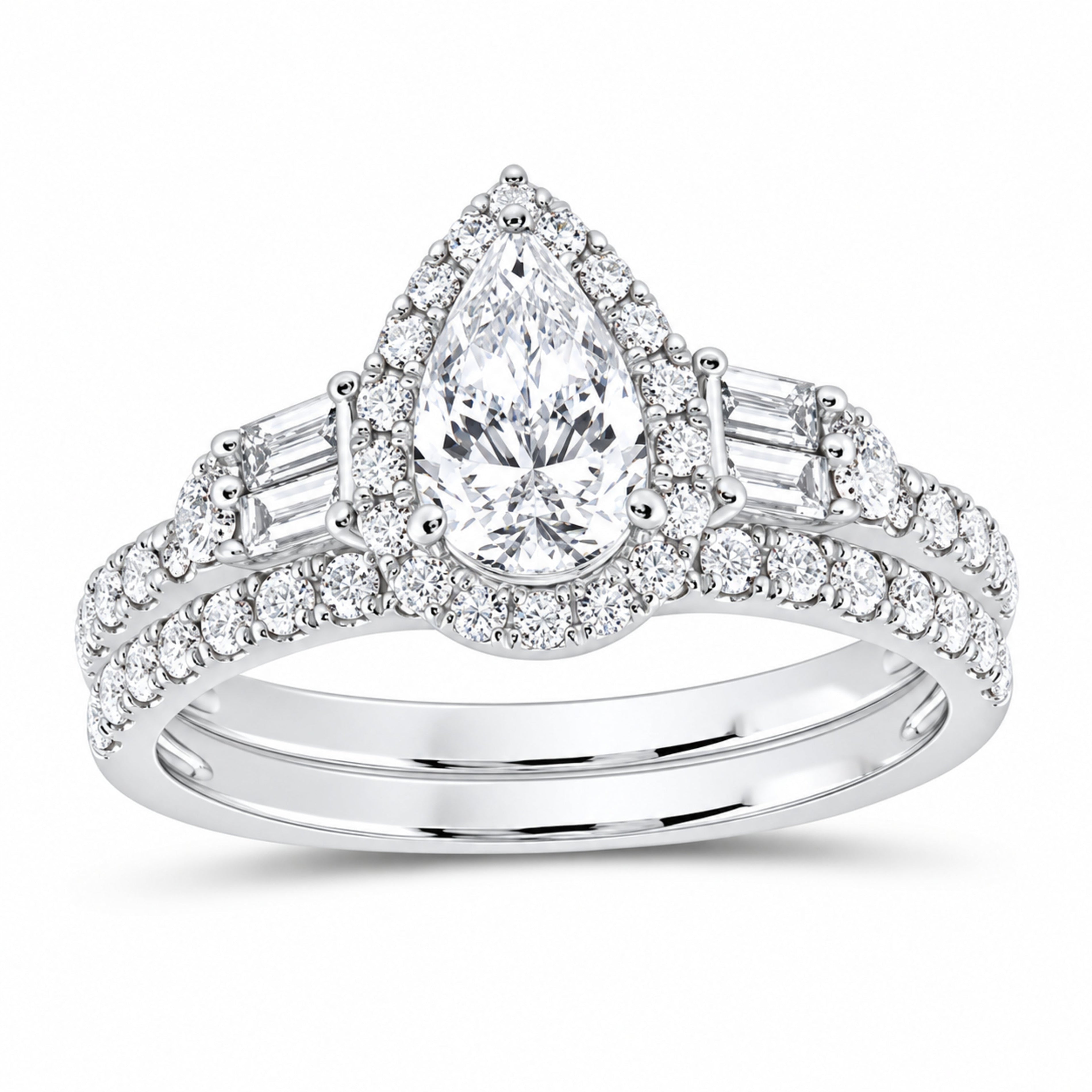 14K White Gold 1 1/2 CTW Lab-Grown Diamond Pear Single Halo Bridal Ring Set — SKU 11837