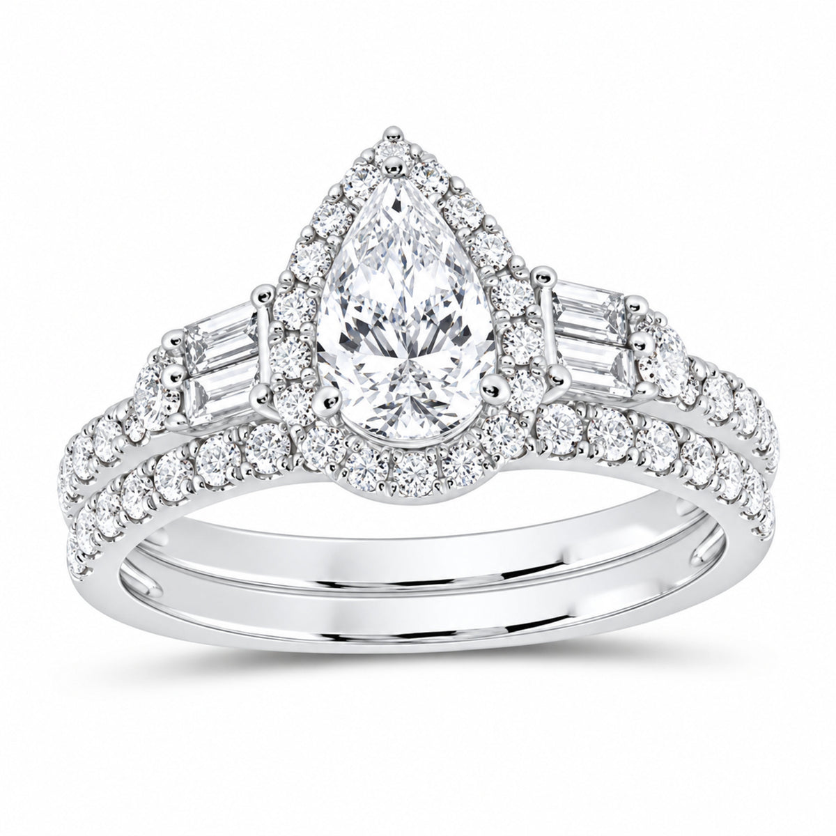 14K White Gold 1 1/2 CTW Lab-Grown Diamond Pear Single Halo Bridal Ring Set — SKU 11837