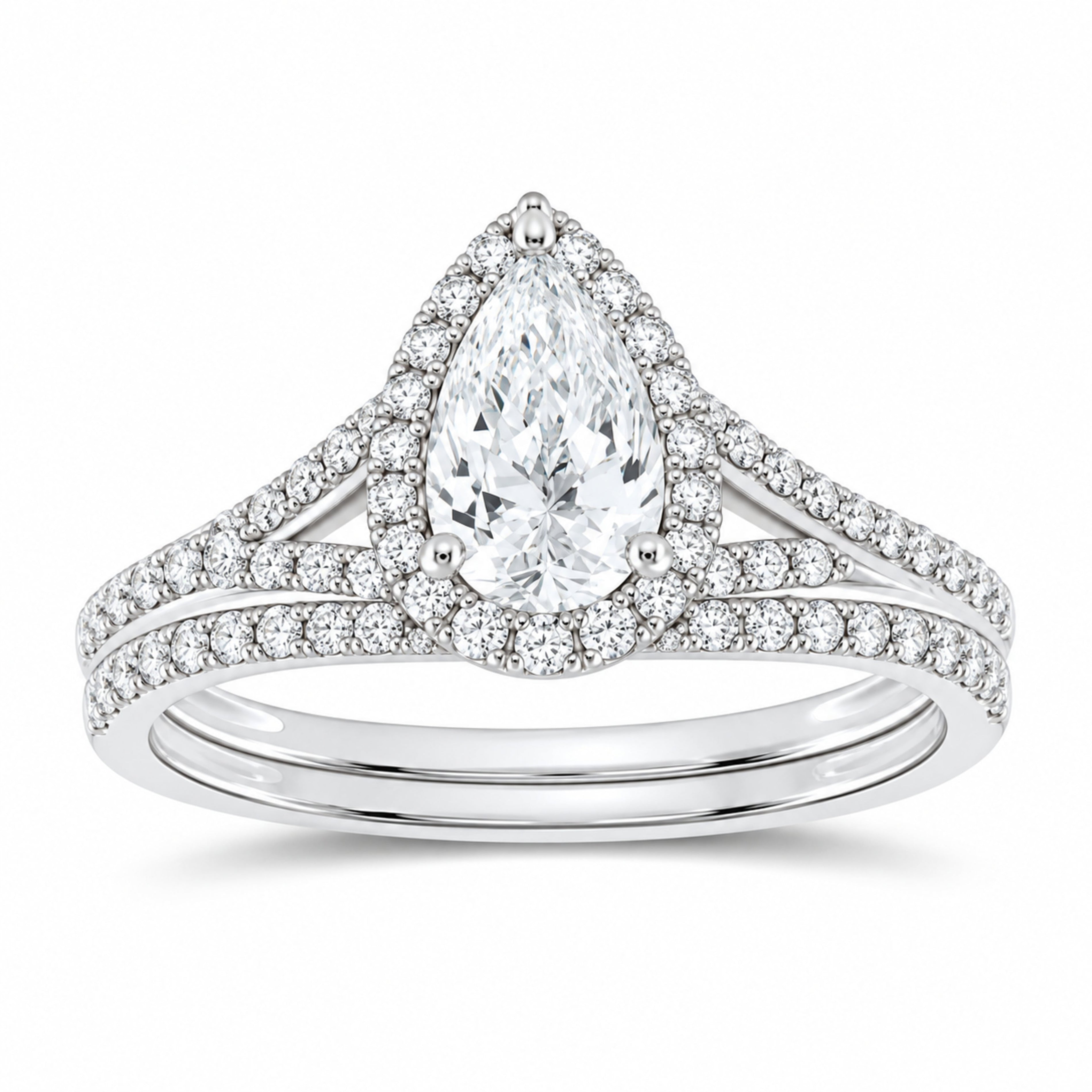 14K White Gold 1 CTW Lab-Grown Diamond Pear Single Halo Bridal Ring Set — SKU 11843