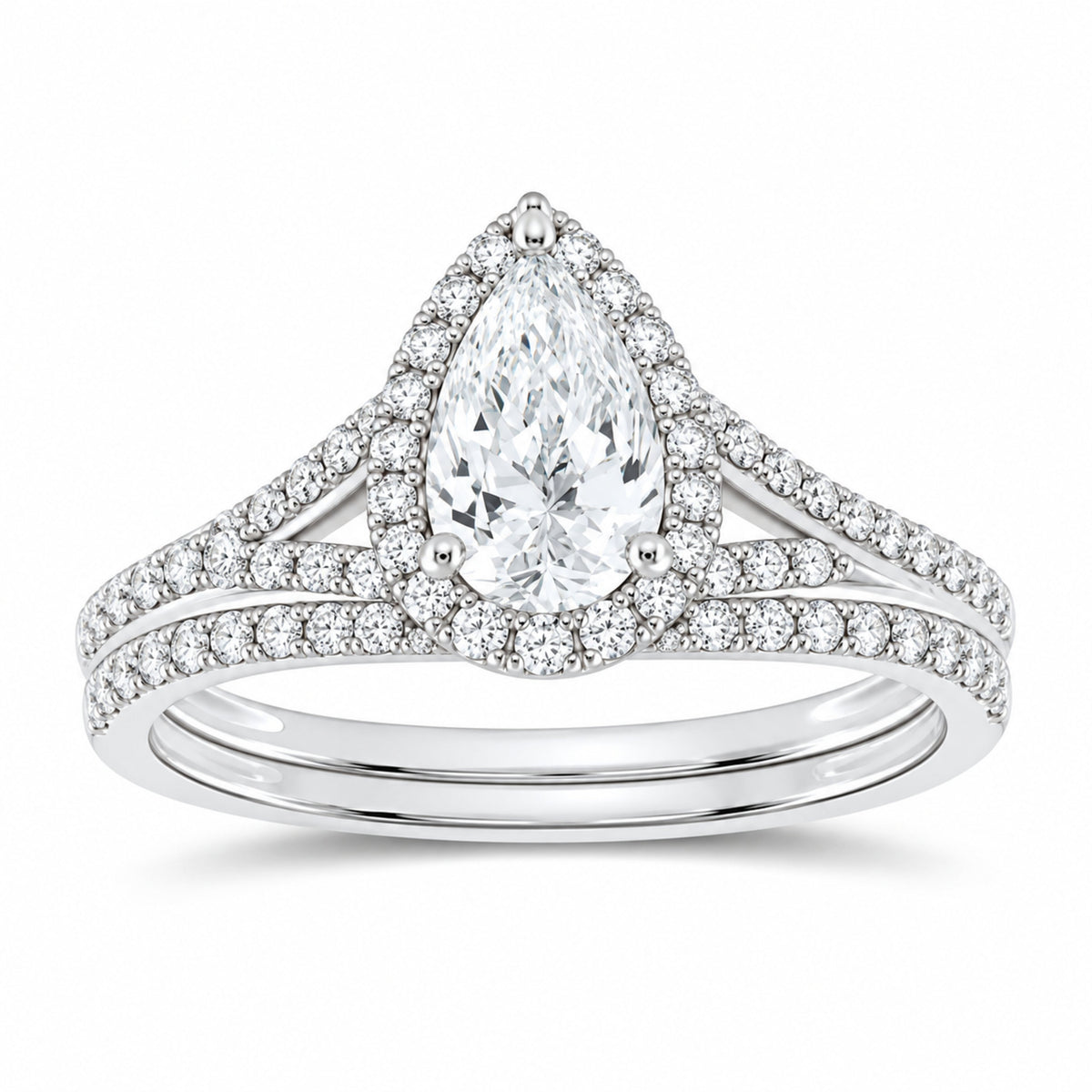 14K White Gold 1 CTW Lab-Grown Diamond Pear Single Halo Bridal Ring Set — SKU 11843