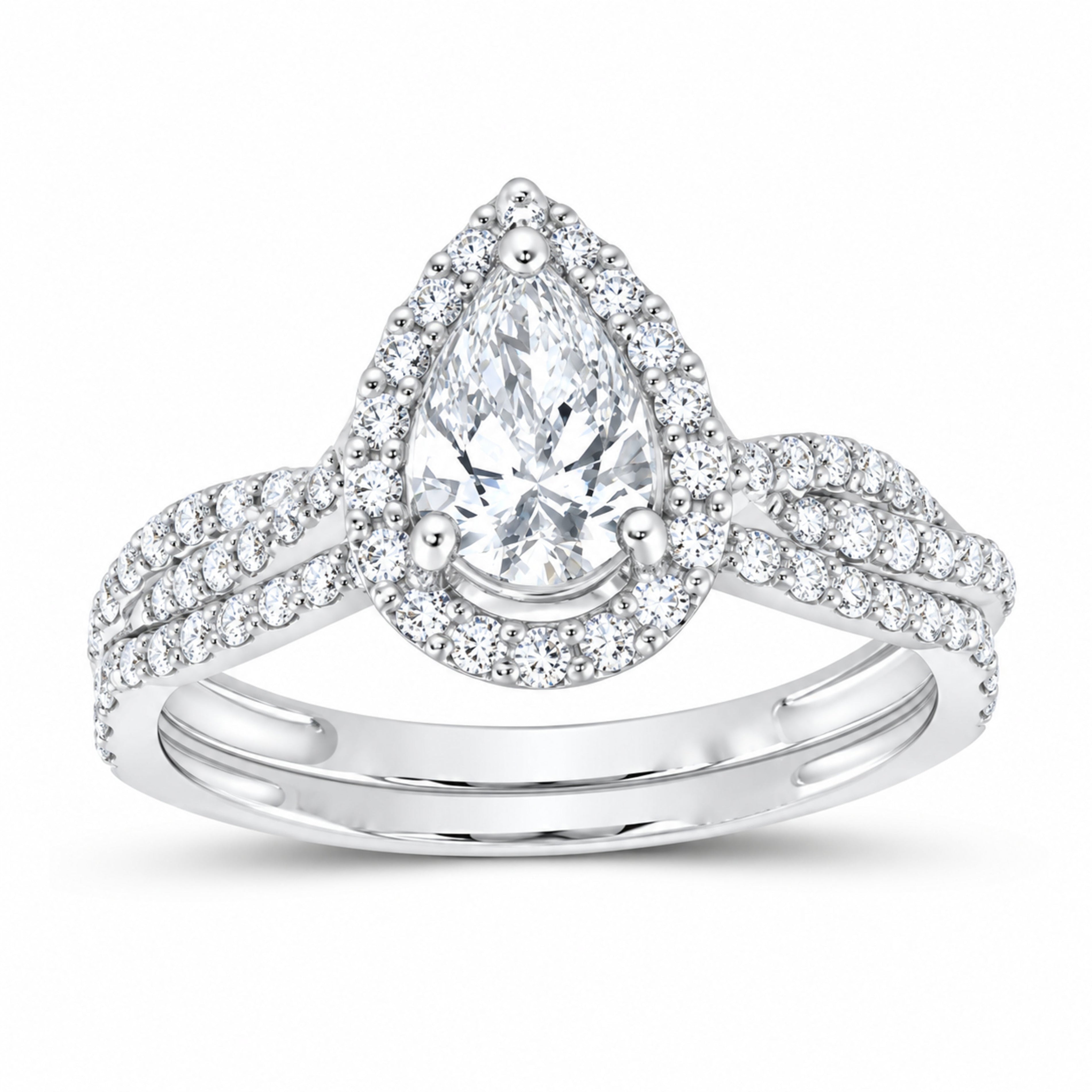 14K White Gold 1 1/3 CTW Lab-Grown Diamond Pear Single Halo Bridal Ring Set — SKU 11856