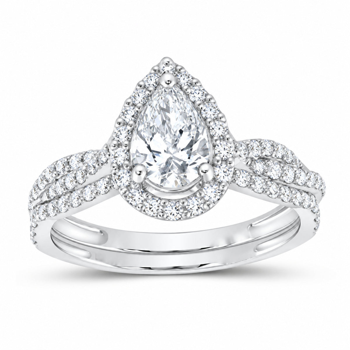 14K White Gold 1 1/3 CTW Lab-Grown Diamond Pear Single Halo Bridal Ring Set — SKU 11856