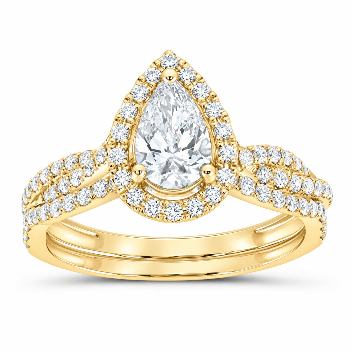 14K Yellow Gold 1 1/3 CTW Lab-Grown Diamond Pear Single Halo Bridal Ring Set — SKU 11859