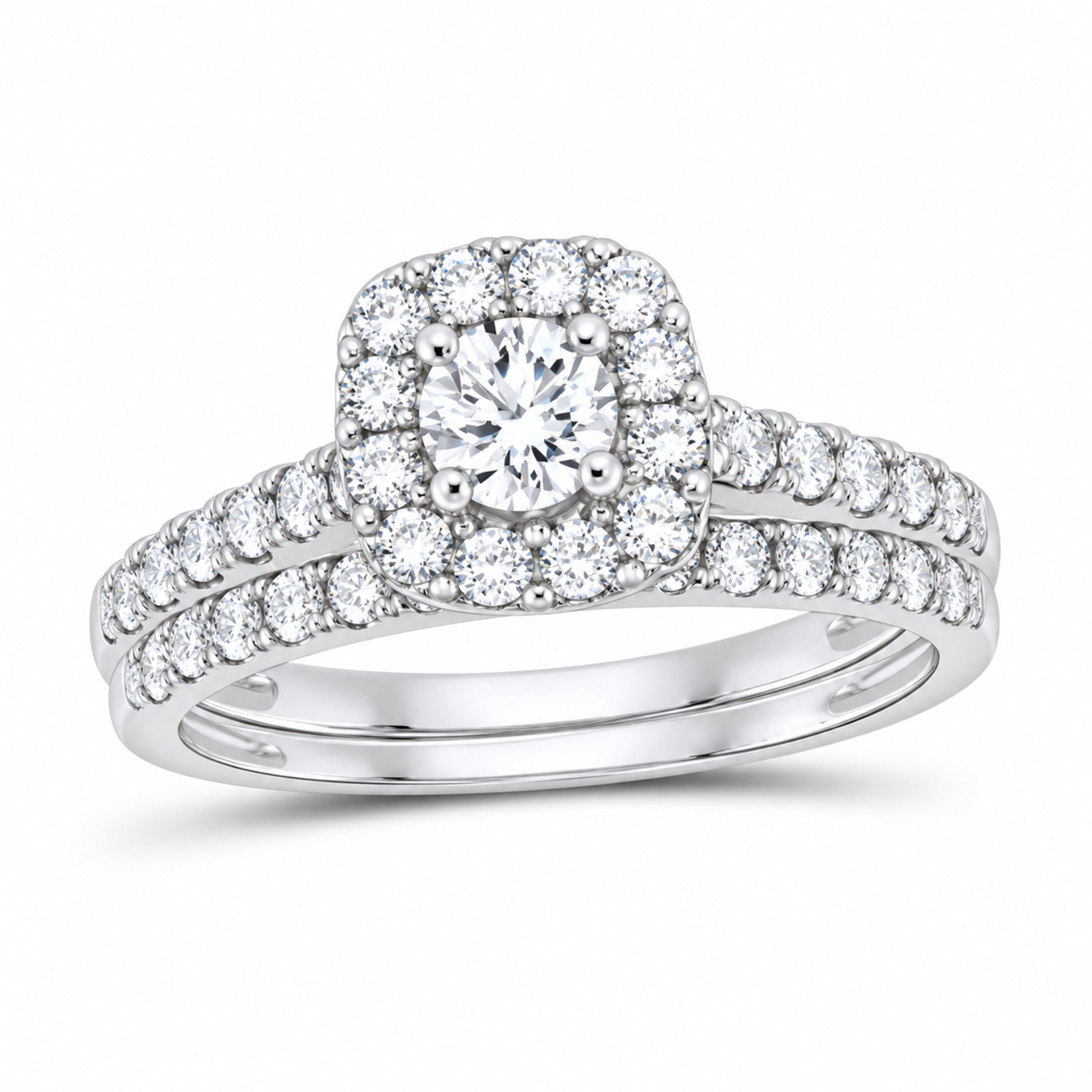 14K White Gold 1 CTW Lab-Grown Diamond Round Cushion Single Halo Bridal Ring Set — SKU 12014