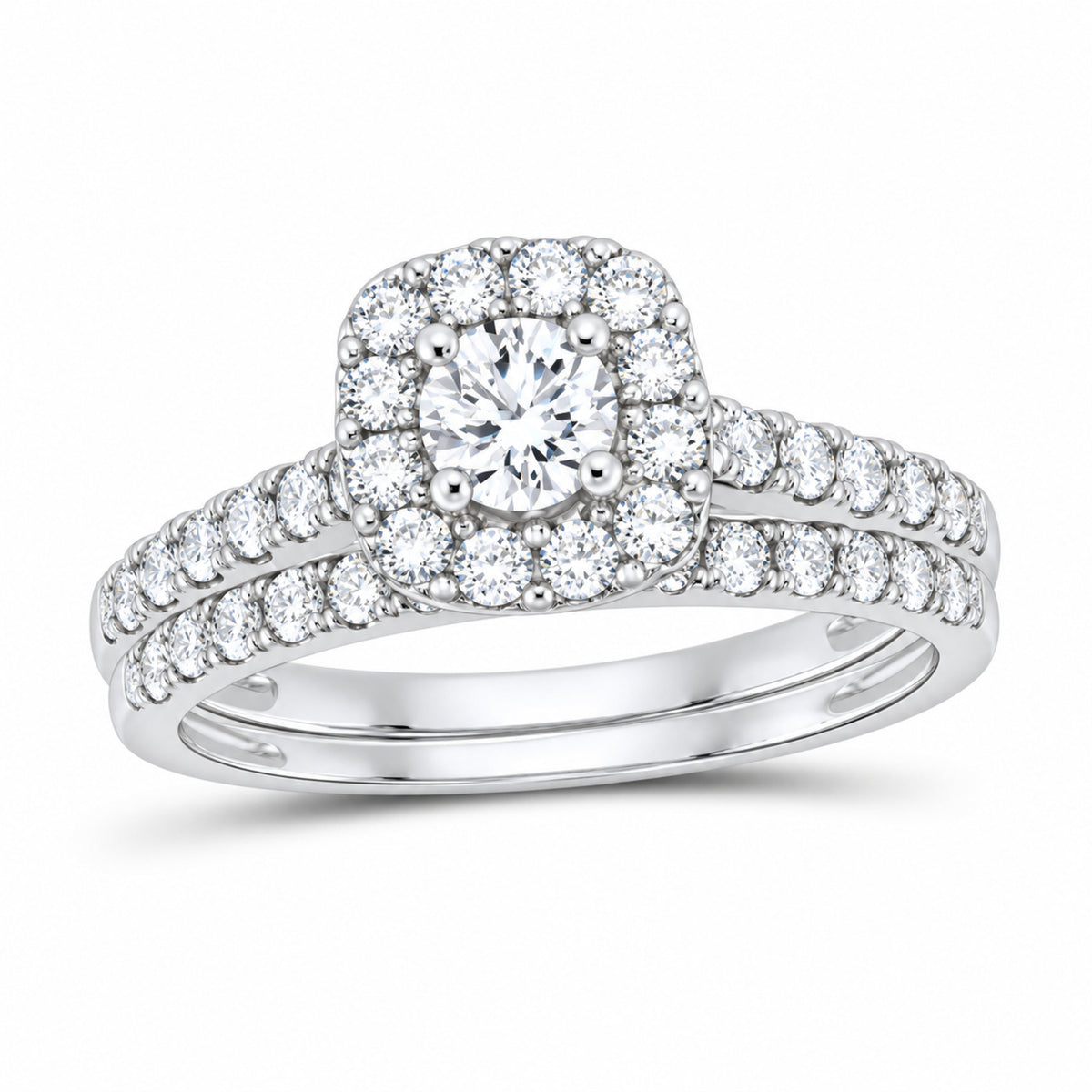14K White Gold 1 CTW Lab-Grown Diamond Round Cushion Single Halo Bridal Ring Set — SKU 12014