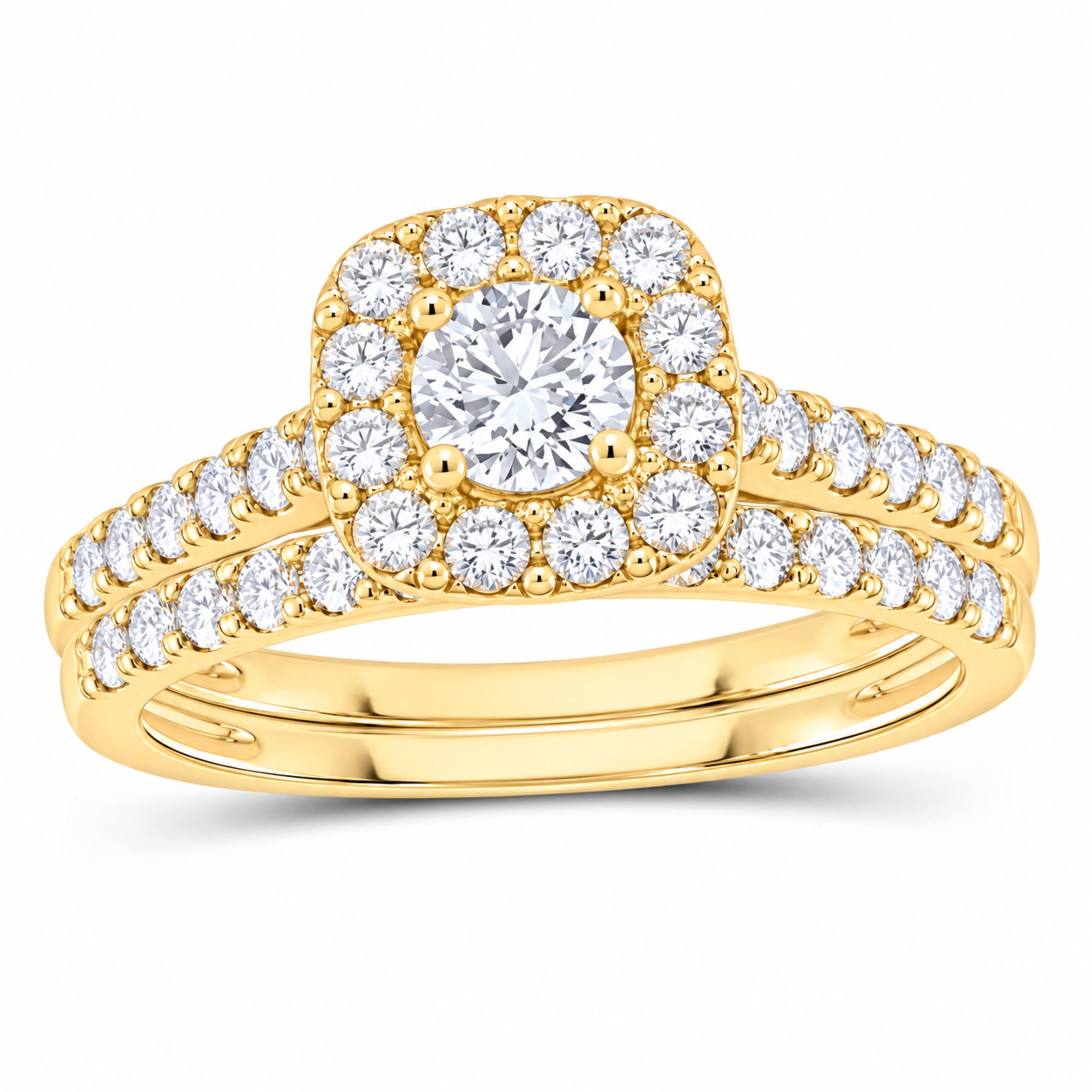 14K Yellow Gold 1 CTW Lab-Grown Diamond Round Cushion Single Halo Bridal Ring Set — SKU 12016