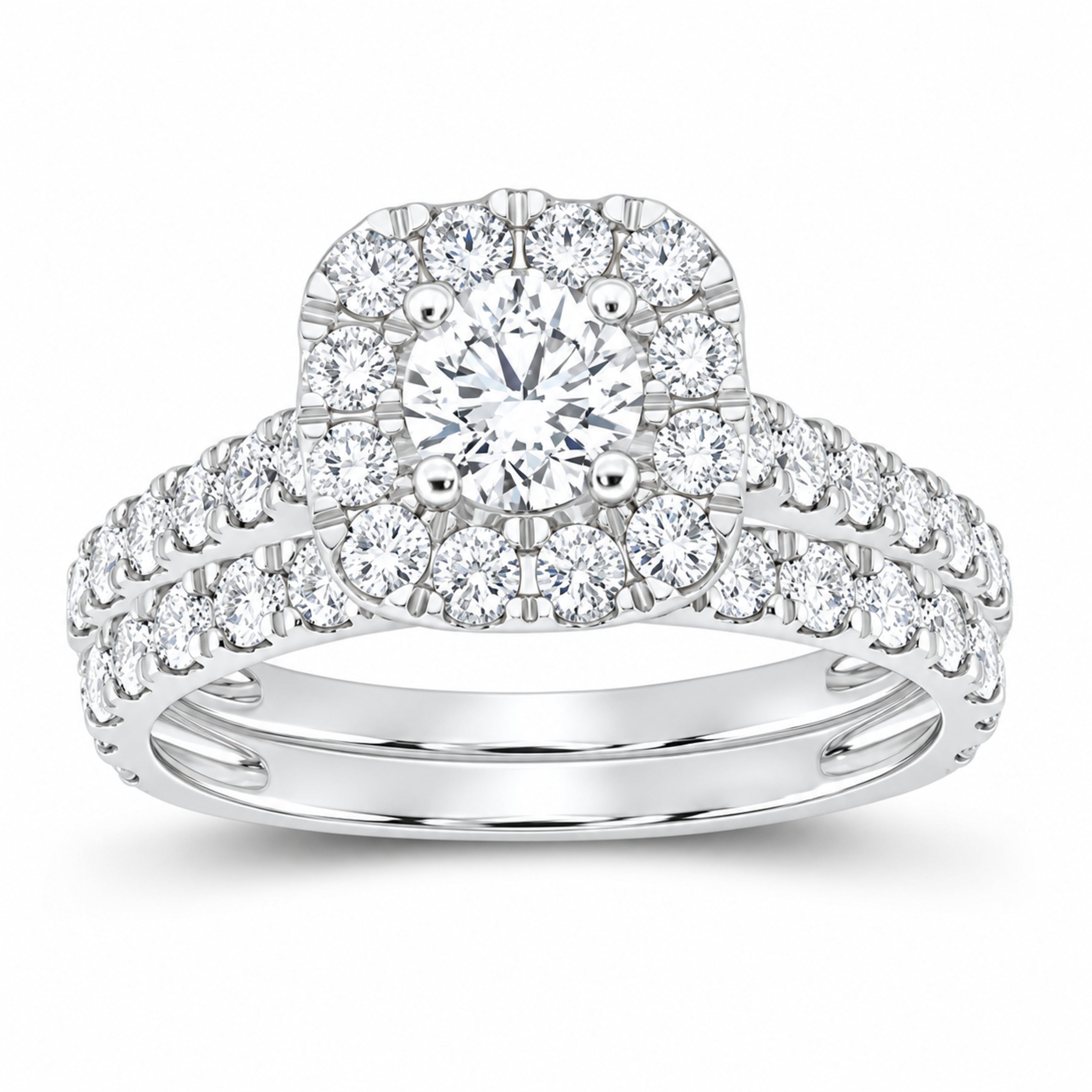 14K White Gold 2 CTW Lab-Grown Diamond Round Cushion Single Halo Bridal Ring Set — SKU 12023