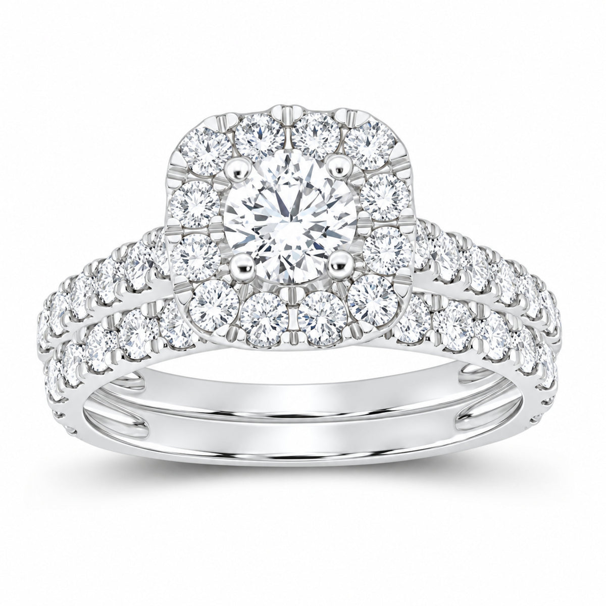 14K White Gold 2 CTW Lab-Grown Diamond Round Cushion Single Halo Bridal Ring Set — SKU 12023