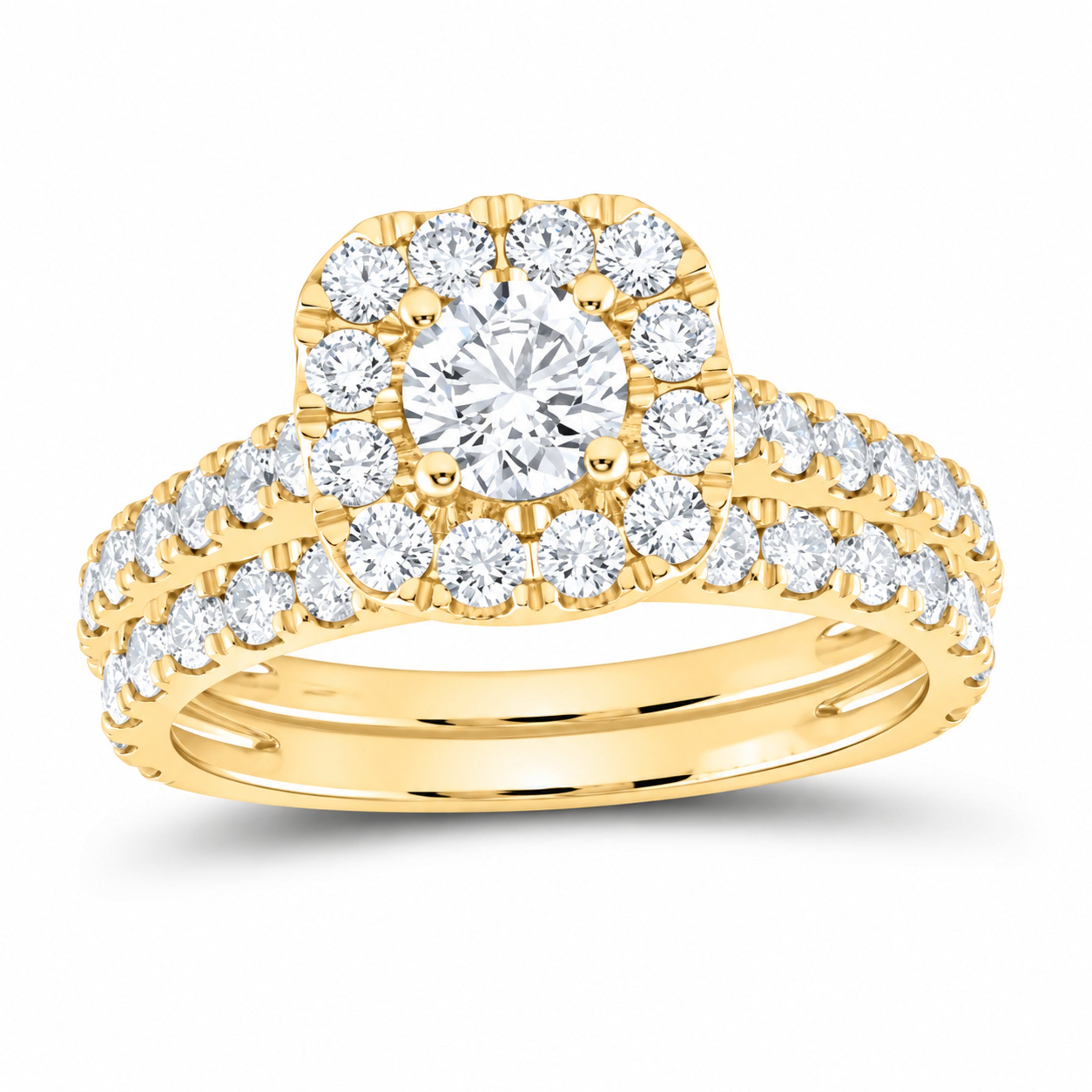 14K Yellow Gold 2 CTW Lab-Grown Diamond Round Cushion Single Halo Bridal Ring Set — SKU 12025