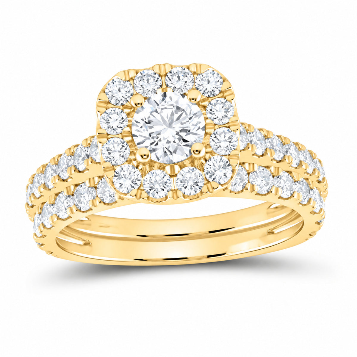 14K Yellow Gold 2 CTW Lab-Grown Diamond Round Cushion Single Halo Bridal Ring Set — SKU 12025
