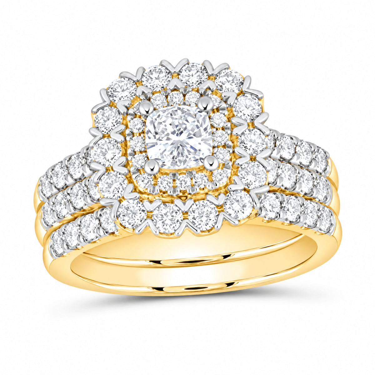 14K Yellow Gold 1 7/8 CTW Lab-Grown Diamond Cushion Halo Bridal Ring Set — SKU 14225