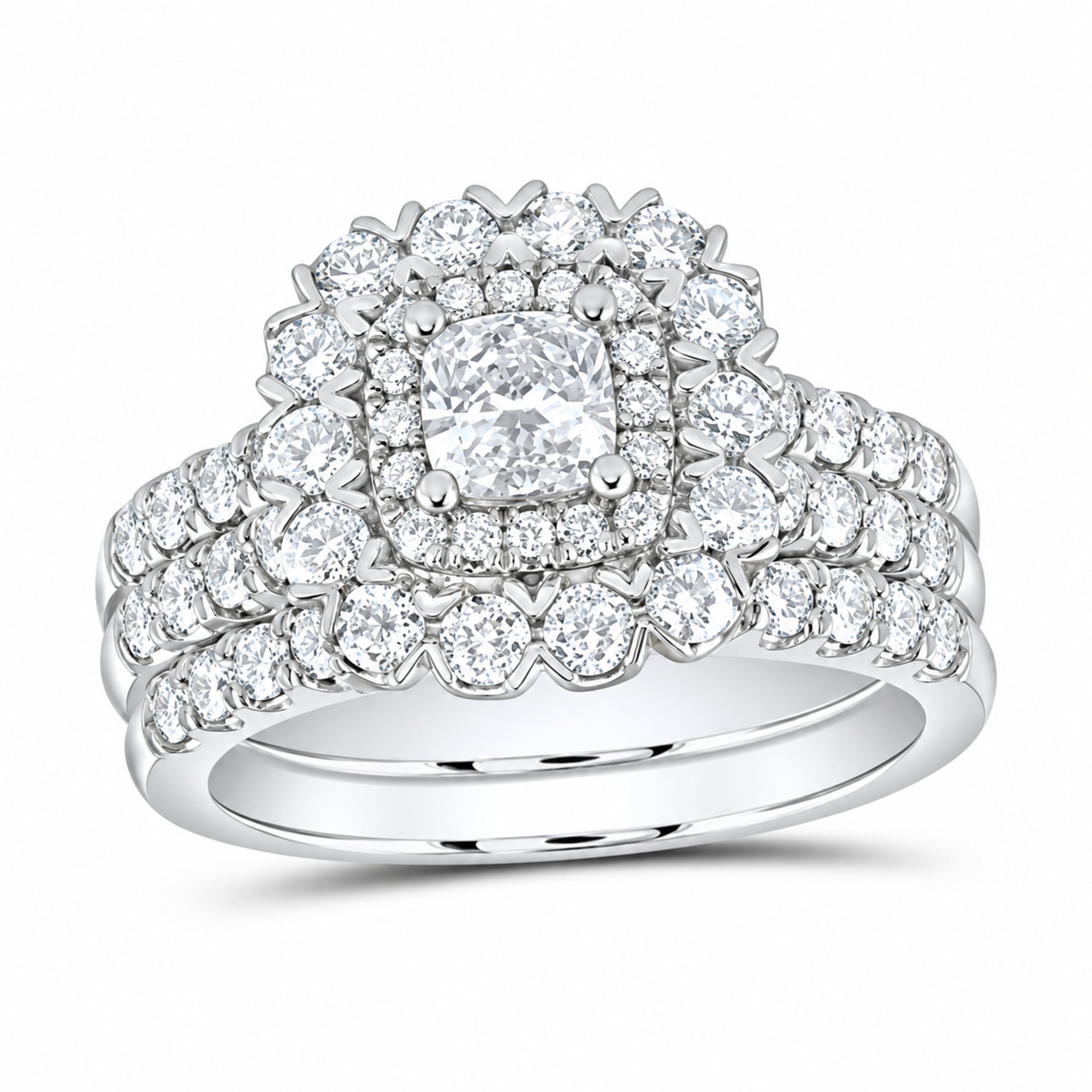 14K White Gold 1 7/8 CTW Lab-Grown Diamond Cushion Halo Bridal Ring Set — SKU 14226