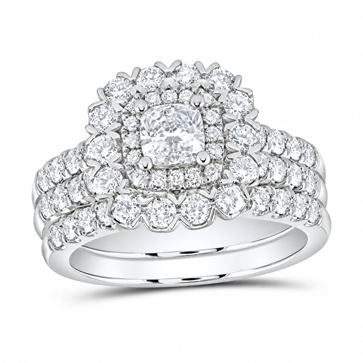 14K White Gold 1 7/8 CTW Lab-Grown Diamond Cushion Halo Bridal Ring Set — SKU 14226