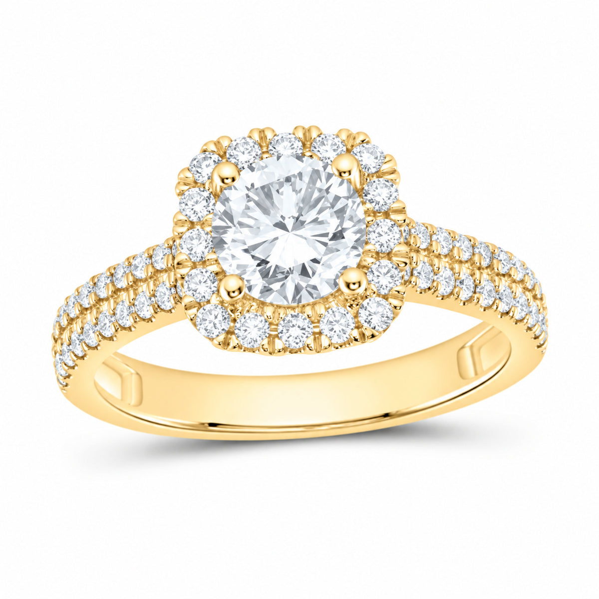 14K Yellow Gold 1 1/2 CTW Lab-Grown Diamond Round Cushion Halo Engagement Ring — SKU 11602