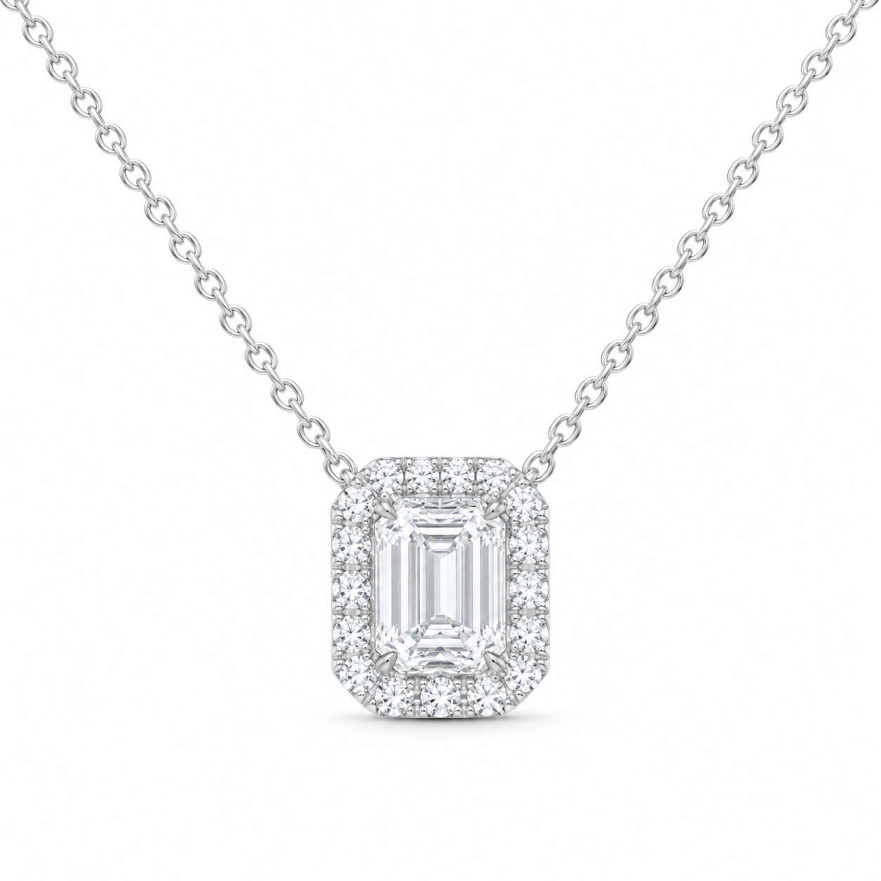 14K White Gold 1 7/8 CTW Lab-Grown Diamond Emerald Halo Necklace, photo 1