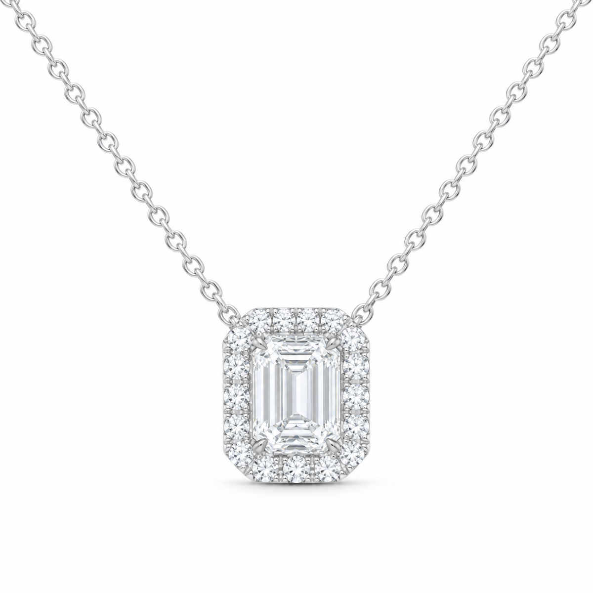 14K White Gold 1 7/8 CTW Lab-Grown Diamond Emerald Halo Necklace, photo 1