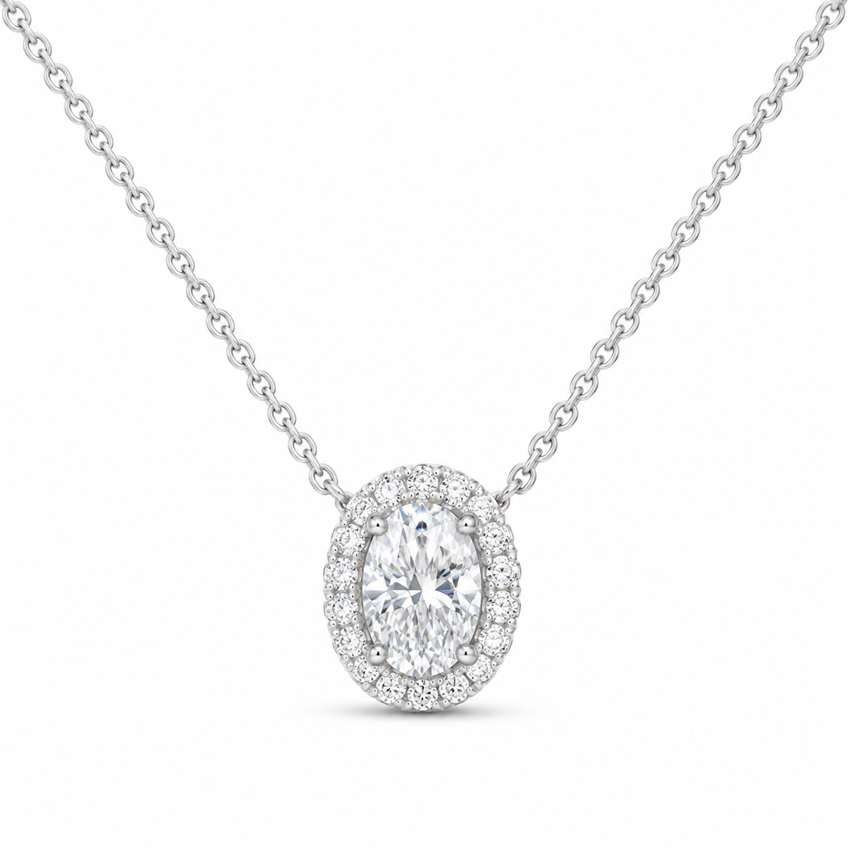 14K White Gold 7/8 CTW Lab-Grown Diamond Oval Halo Necklace, photo 1
