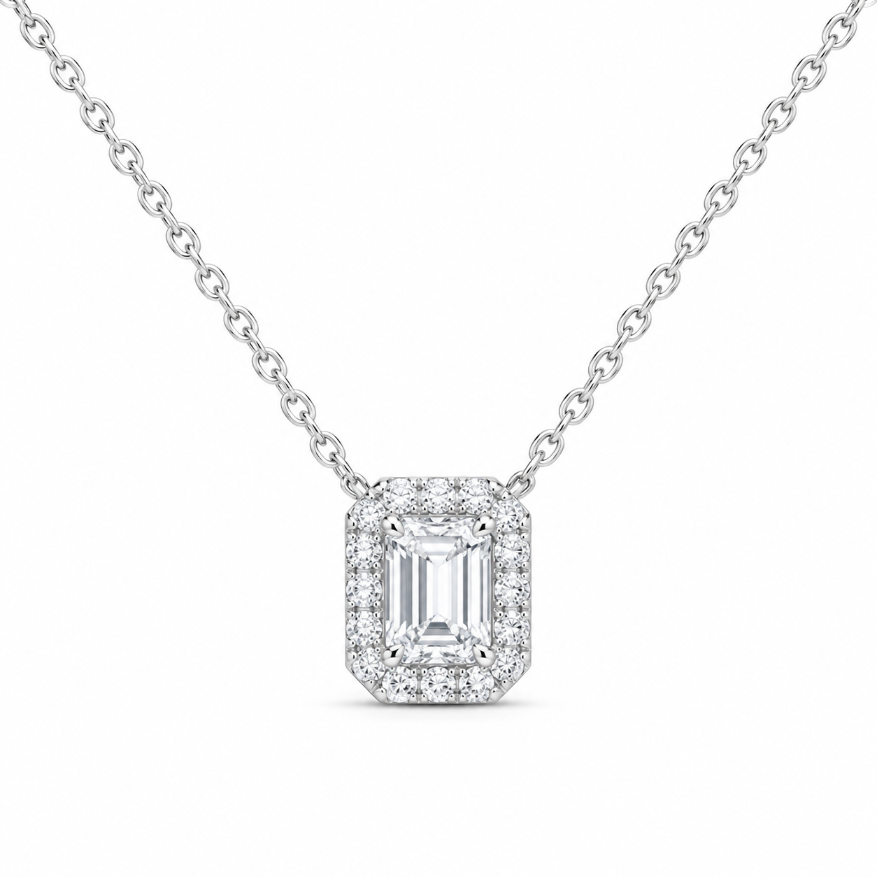 14K White Gold 7/8 CTW Lab-Grown Diamond Emerald Halo Necklace, photo 1