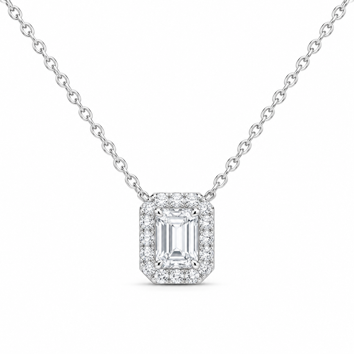 14K White Gold 7/8 CTW Lab-Grown Diamond Emerald Halo Necklace, photo 1