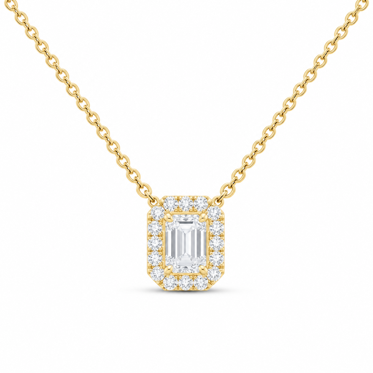 14K Yellow Gold 7/8 CTW Lab-Grown Diamond Emerald Halo Necklace, photo 1