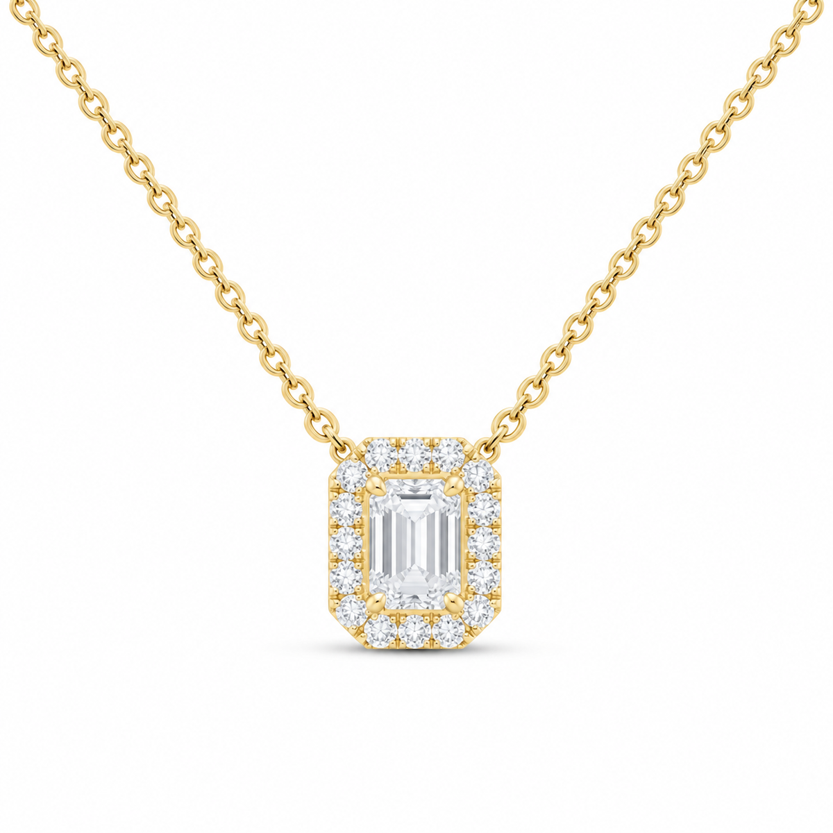 14K Yellow Gold 7/8 CTW Lab-Grown Diamond Emerald Halo Necklace, photo 1