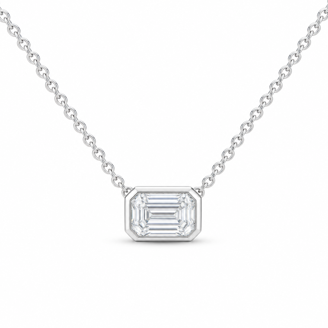 14K White Gold 1 CTW Lab-Grown Diamond Emerald Bezel Necklace, photo 1
