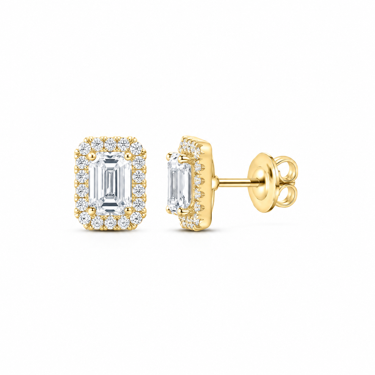 14K gold 2 CTW lab-grown diamond emerald halo stud earrings in yellow gold