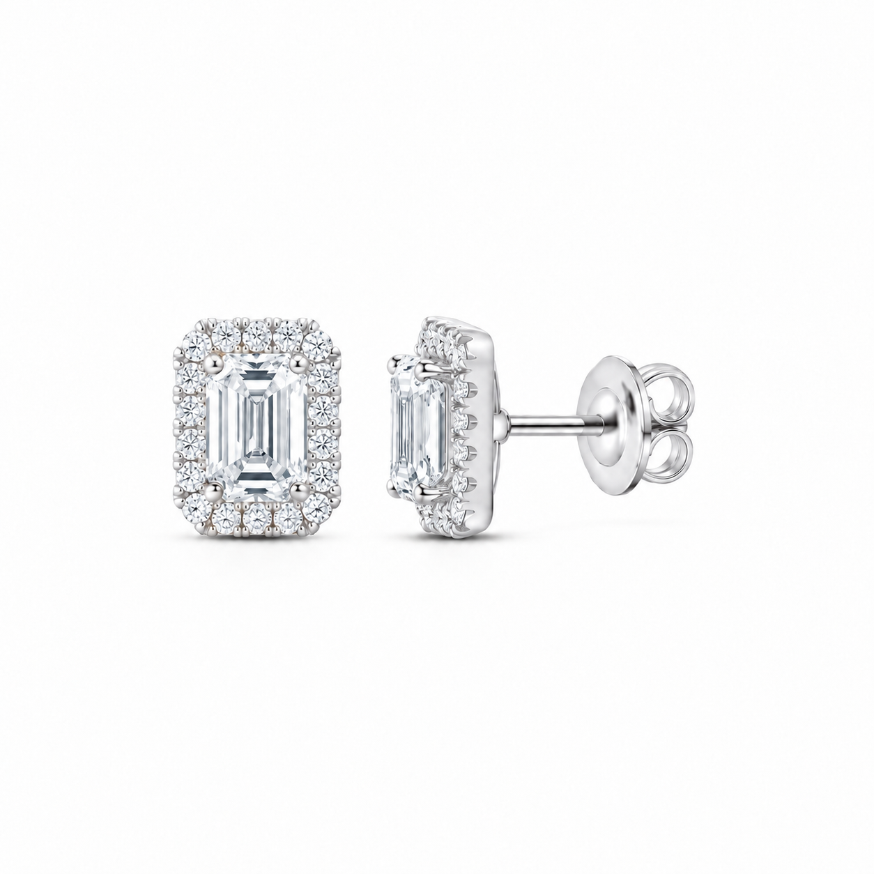 14K gold 2 CTW lab-grown diamond emerald halo stud earrings in white gold