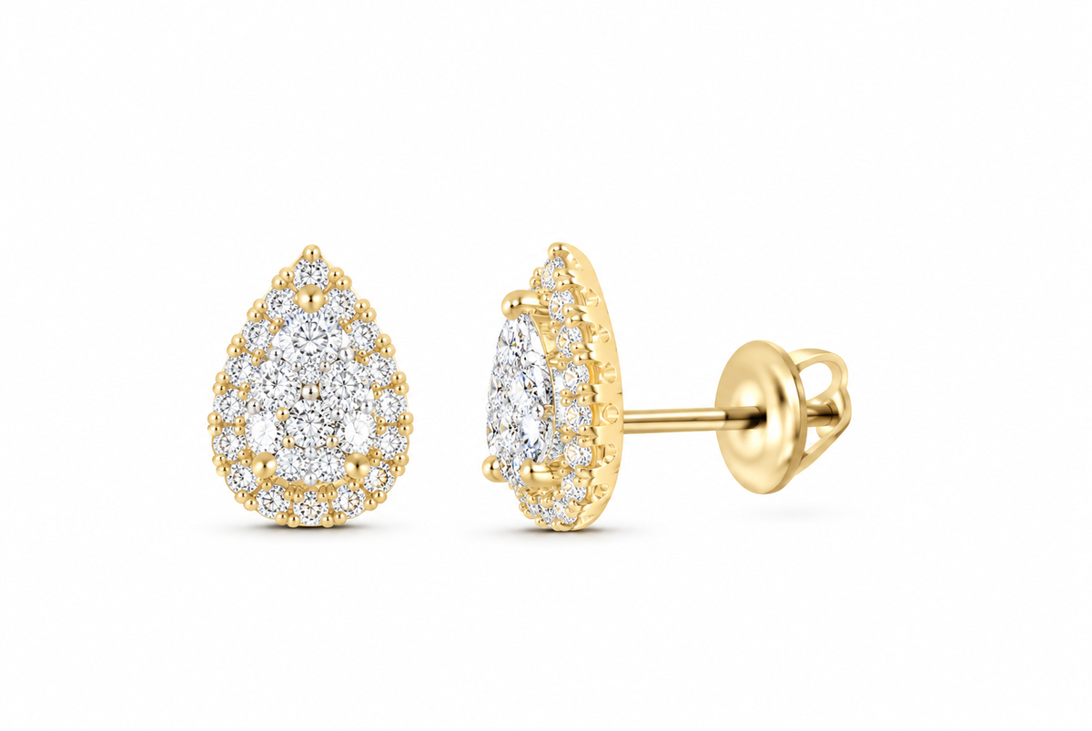14K Gold 1 CTW Lab-Grown Diamond Pear Halo Stud Earrings, SKU 11014