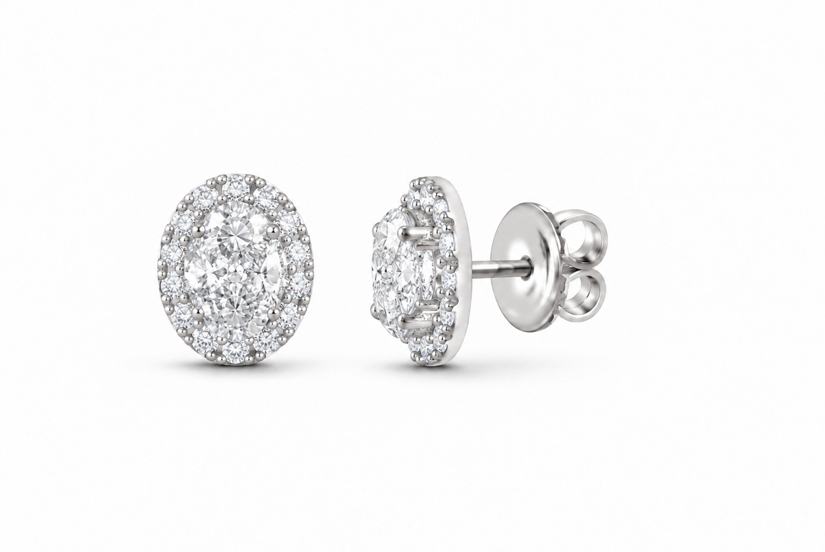 14K Gold 1 CTW Lab-Grown Diamond Oval Cluster Stud Earrings, SKU 11017