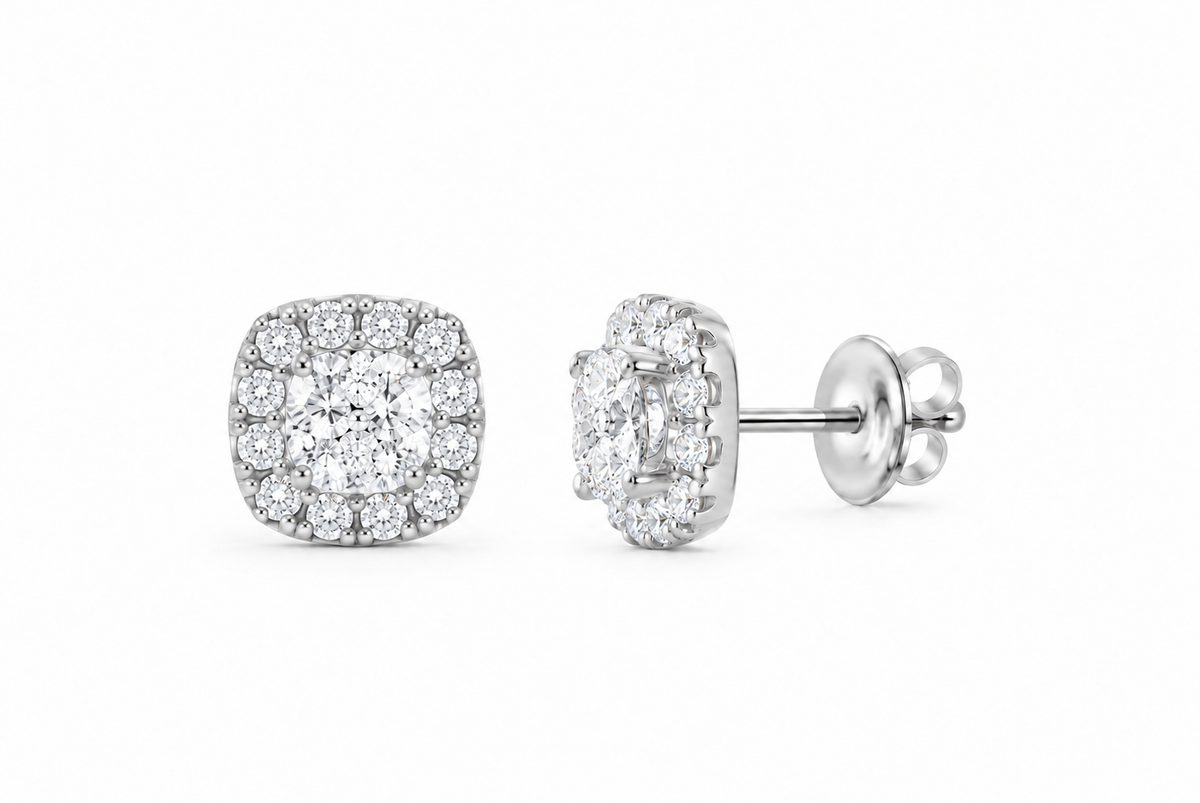 14K Gold 1 CTW Lab-Grown Diamond Cushion Halo Stud Earrings, SKU 11019