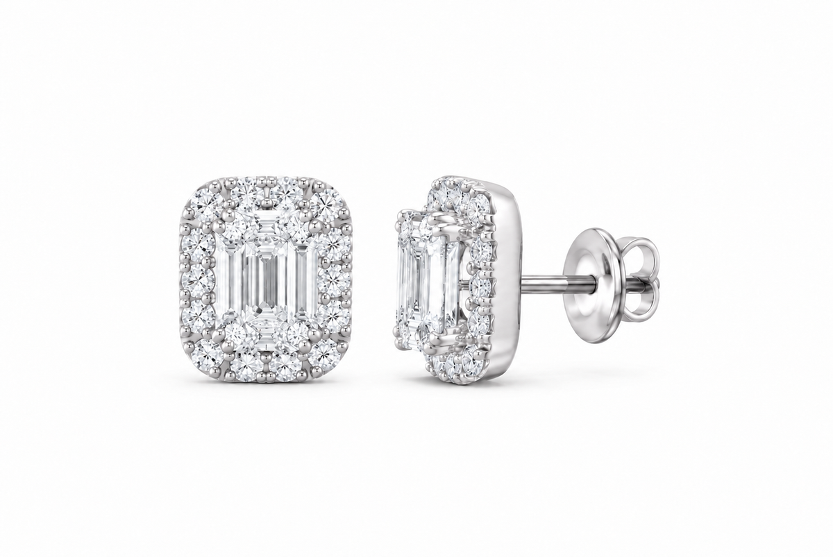 14K Gold 1 CTW Lab-Grown Diamond Emerald Halo Stud Earrings, SKU 11023