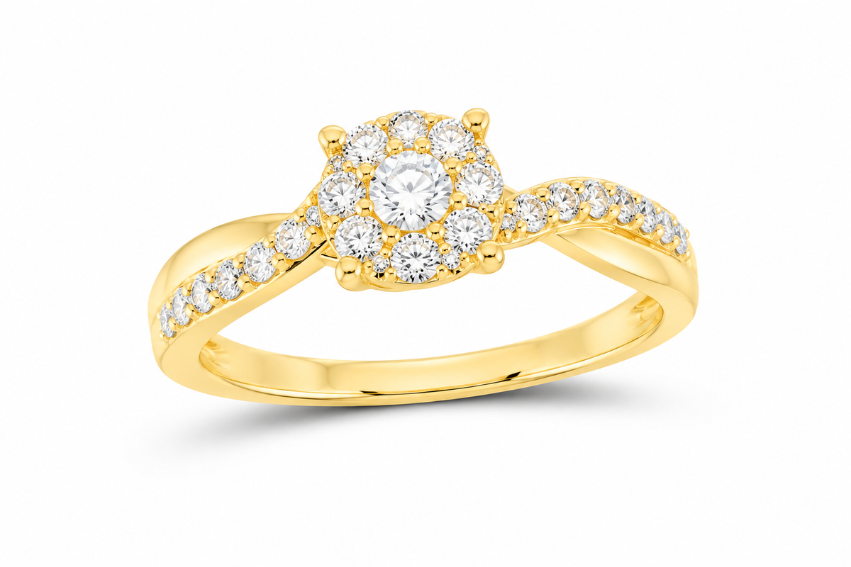 10K yellow gold lab-grown diamond round cluster crossover fashion ring, SKU 14327