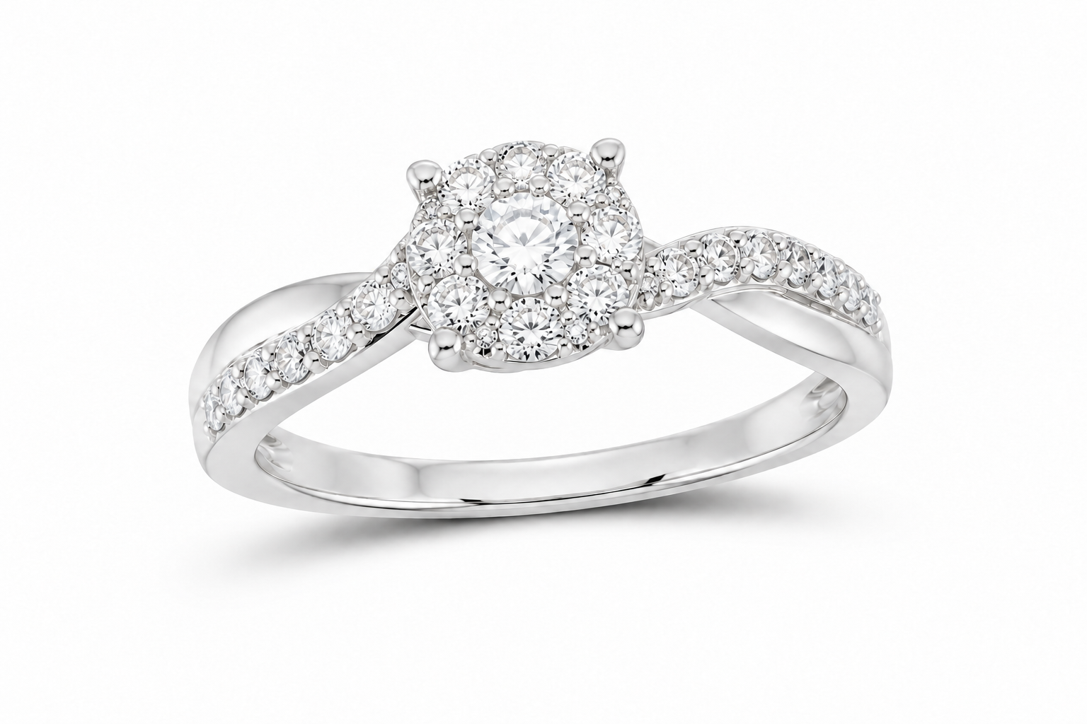 10K white gold lab-grown diamond round cluster crossover fashion ring, SKU 14328