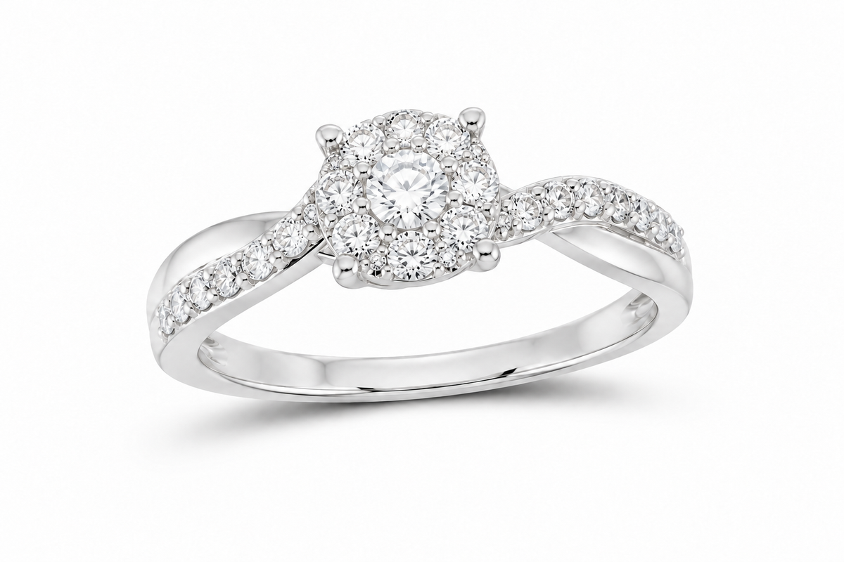 10K white gold lab-grown diamond round cluster crossover fashion ring, SKU 14328