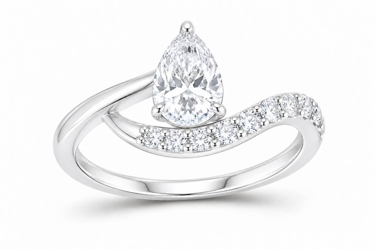 14K white gold pear diamond crossover ring, SKU 14980