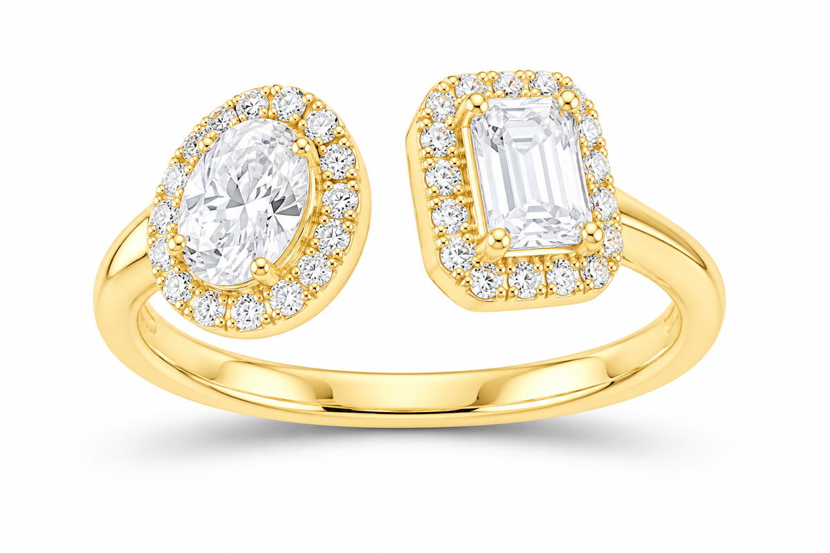 10K yellow gold emerald and oval lab-grown diamond ring, SKU 15074