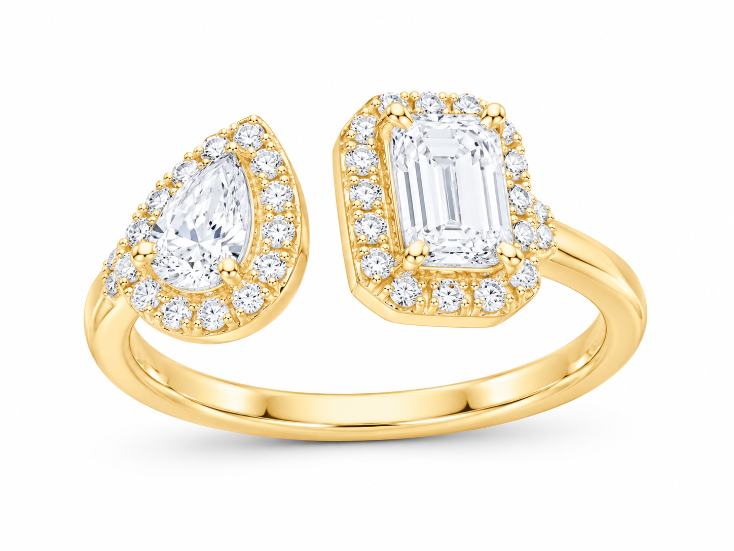 10K yellow gold emerald and pear lab-grown diamond ring, SKU 15076
