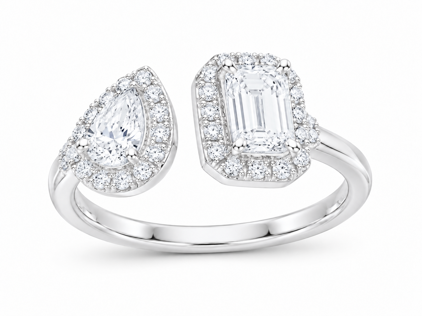10K white gold emerald and pear lab-grown diamond ring, SKU 15077