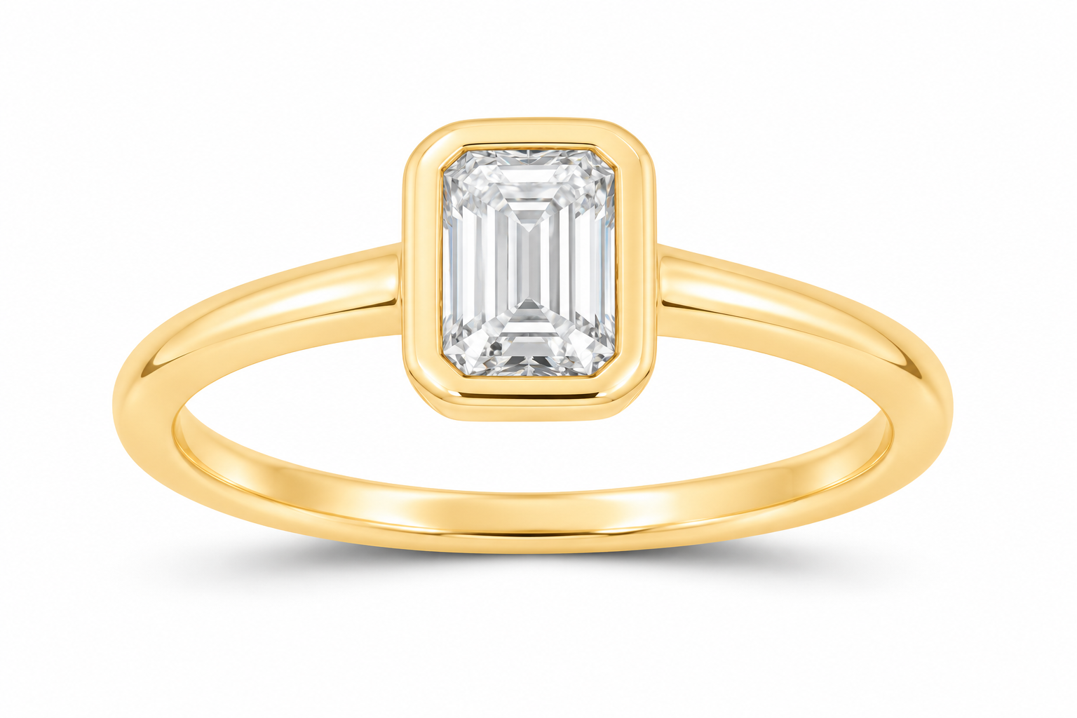 14K yellow gold emerald-cut lab-grown diamond bezel ring, SKU 15698