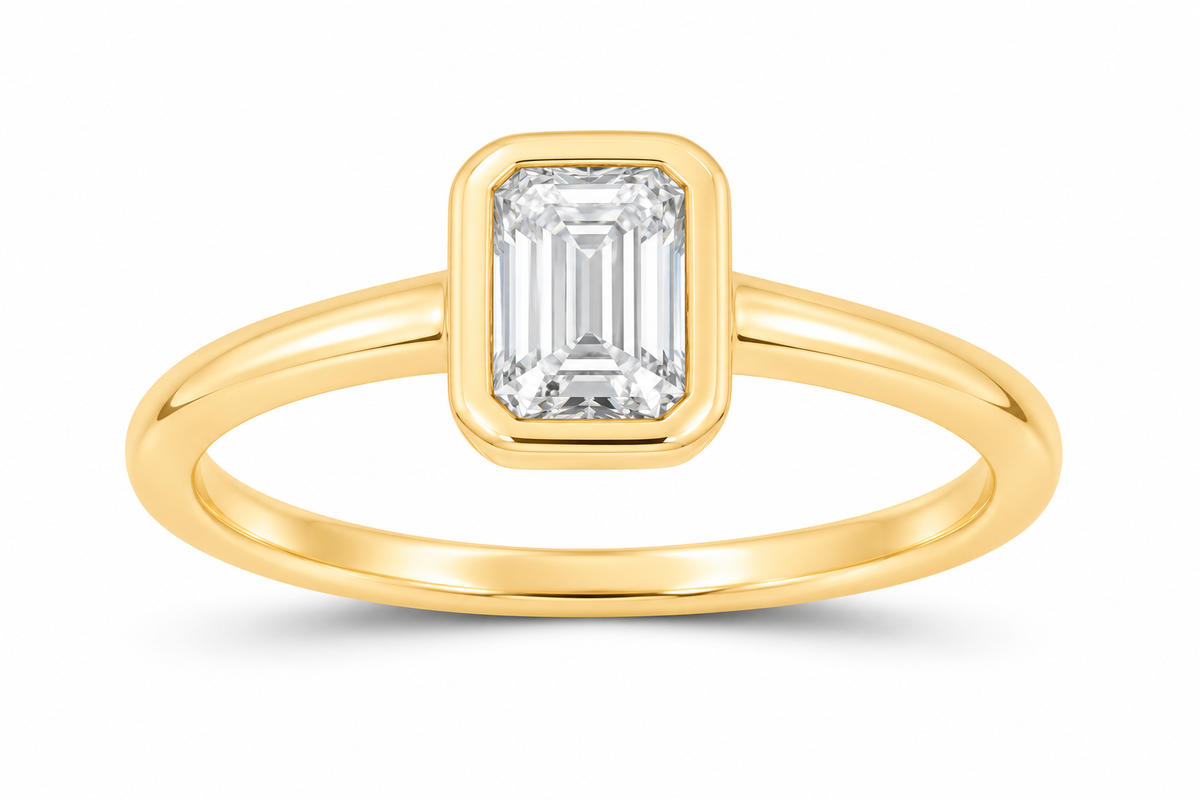 14K yellow gold emerald-cut lab-grown diamond bezel ring, SKU 15698