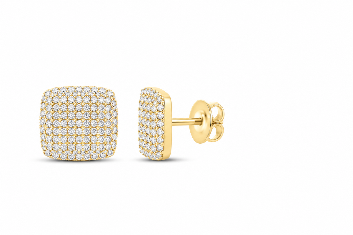 Perez Jewerly yellow metal color fine pavé cushion lab-grown diamond studs, supplier SKU 17462