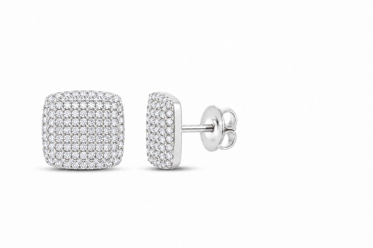 Perez Jewerly white metal color fine pavé cushion lab-grown diamond studs, supplier SKU 17463