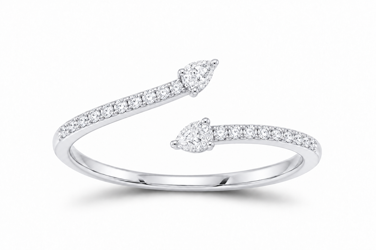 10K white gold lab-grown diamond two-pear cuff ring, supplier SKU 17743