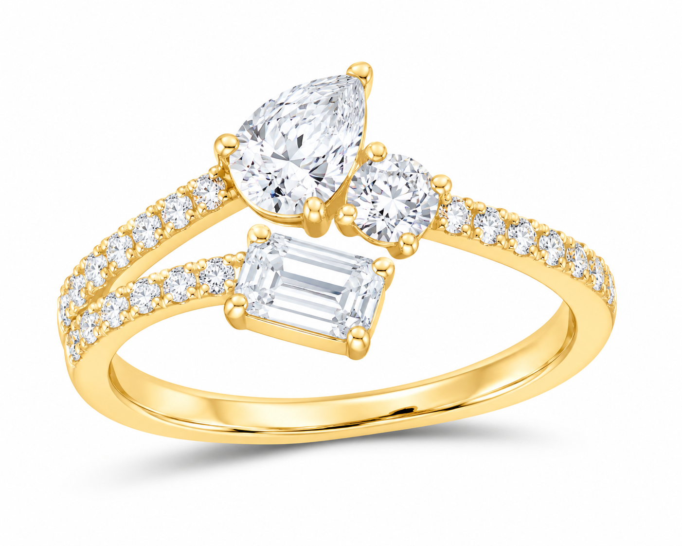 10K yellow gold lab-grown diamond three-stone cuff ring, supplier SKU 17746
